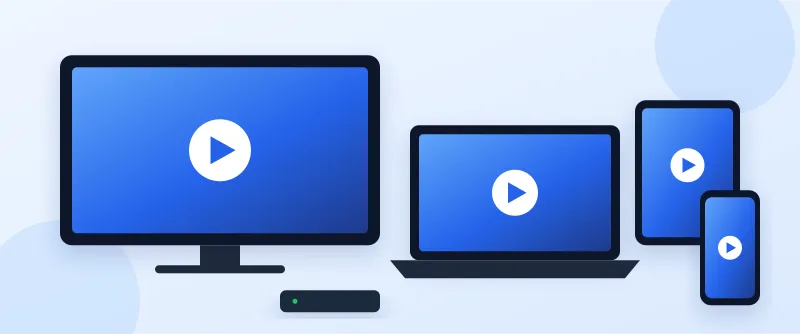 Illustration of a TV, a laptop, a tablet and a smartphone all streaming the same show